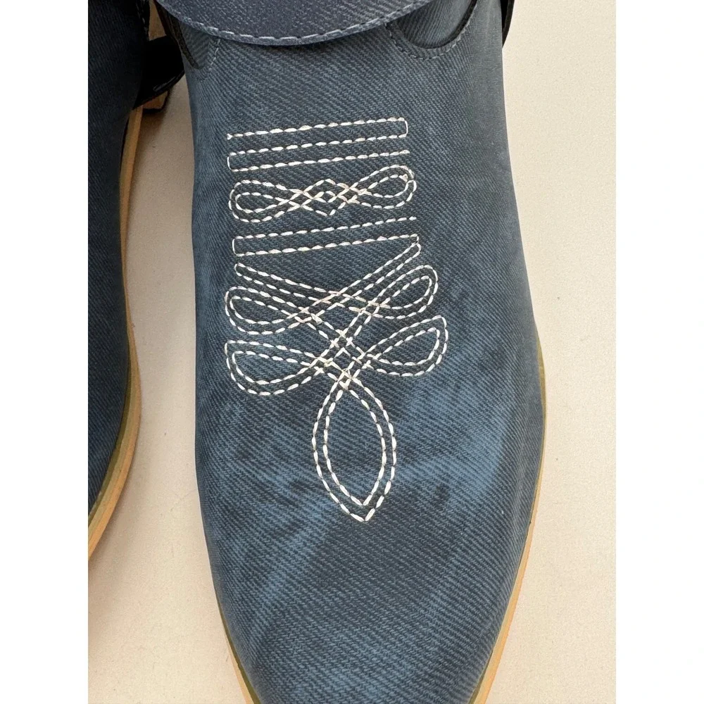 Blue Denim Embroidered Western Knee High Boots Harness Detail Tall Zip Up